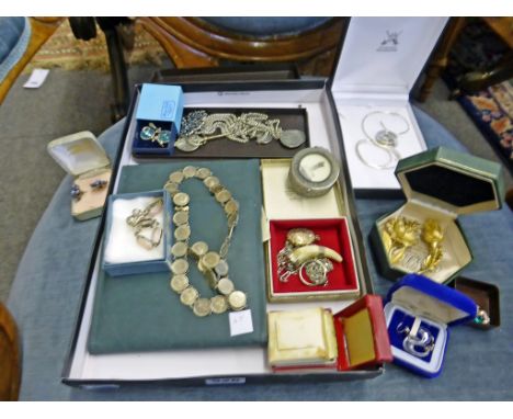 A quantity of silver jewellery + souvenir trinket box, 