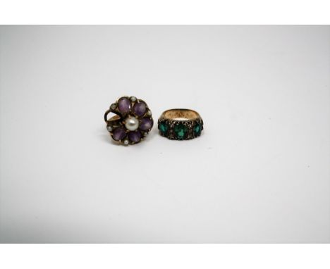 Vintage 9ct gold and green & white spinel ring + 9ct, amethyst & seed pearl ring (a/f). (2), 