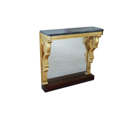 An early 19th century parcel gilt and marble console table, the grey veined marble top on parcel gilt stand with moulded frie