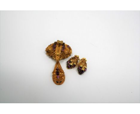 An antique rolled gold and amethyst brooch + matched gold plated earrings (3), 