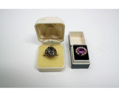 Continental 14ct gold multi-gem set ring + antique gold ring with pink stone and seed pearls (missing one pearl). (2), 