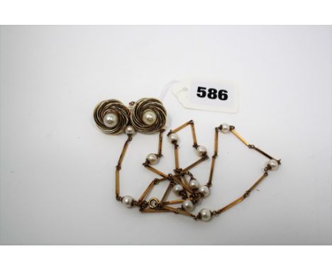 A pair of 9ct gold and pearl earrings + cultured pearl & 9ct necklace, 