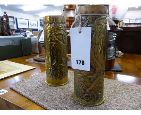 Two WWI trench art shells, both dated 1917 to the underside, one embossed with a cockrill & GUERRE 1918 the other with a lion