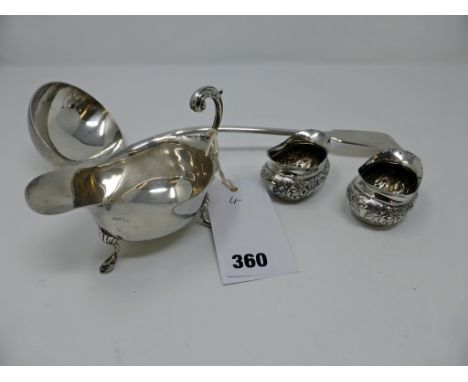 Silver cream jug, salts, plated ladle (4).