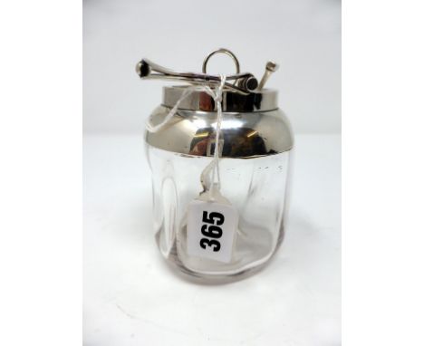 A silver & glass preserve pot and spoon,, pot by James Dixon & Sons 1906, spoon by Saint Arnaud Creake 1924.