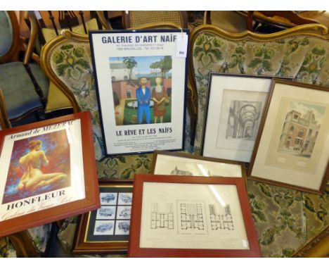 Small collection architectural prints, framed cigarette cards etc., 