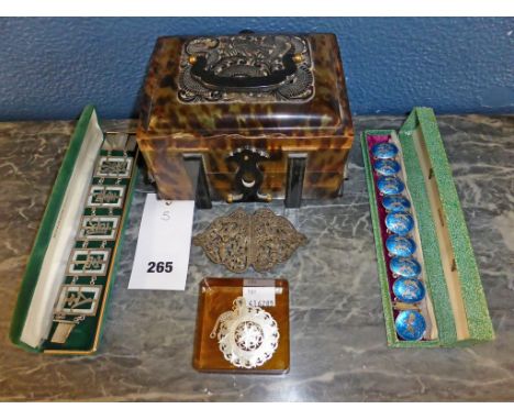 A Chinese carved tortoiseshell jewellery box + two Oriental silver bracelets, silver buckle & MOP pendant (5), 