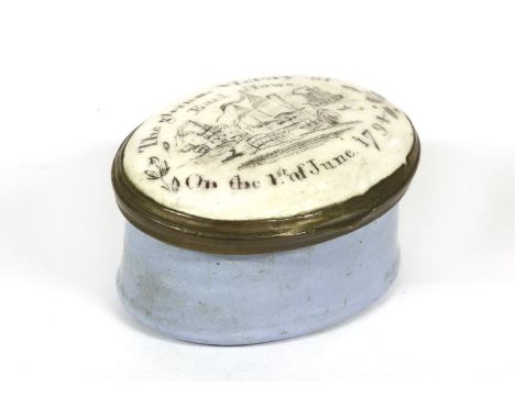 A late 18th century English enamel patch box of naval interest, the lid decorated with ships at sea, surrounded by the text '
