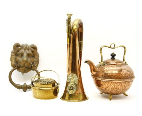 A tin ammunition box, together with a Royal Welsh Fusiliers bugle, a collection of kettles to include an iron example and bra