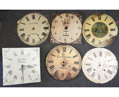 A box of 8 longcase clock dials and a 30 hour longcase movement