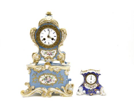 A Continental porcelain mantel clock, in two parts, by Jacob Petit, (dial a/f), 37cm high, and a smaller clock