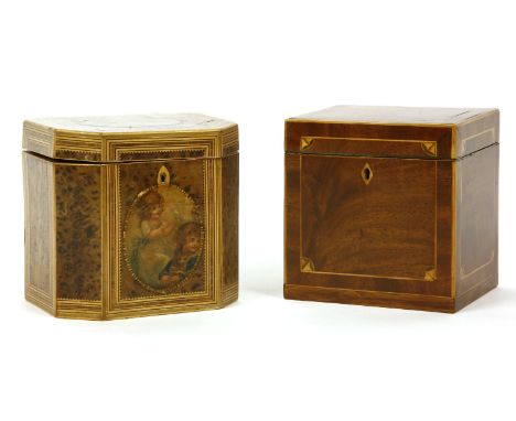 A George III strung and crossbanded burr walnut single compartment tea caddy, with painted oval panels and another, mahogany 