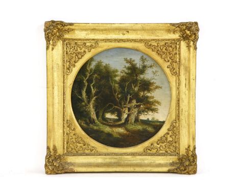 Follower of John Berney CromeROAD THROUGH THE TREESOil on panel40.5cm diameter