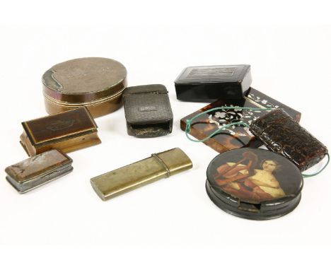 A tortoiseshell and mother of pearl inlaid card case, together with a quantity of snuff and other small boxes, to include a c