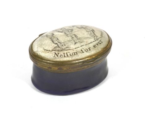 An early 19th century English enamel patch box, the lid decorated with three sailors with their arms aloft above the motto 'N
