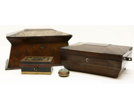 A 19th century mahogany tea caddy. with cut glass inset, together with a similar sewing box, cash tin and trinket box