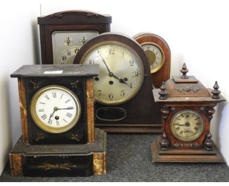 A German three train chiming mantel clock, 35cm high, and an oak 'Napoleon's hat' mantel clock, with three train chiming move