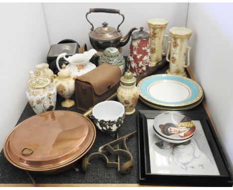 A collection of ceramics, a kettle on stand, Royal Worcester plates, a coaching lamp, and a warming pan