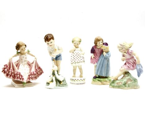 Five Royal Worcester F.G. Doughty porcelain figures, including March, no. 3454, The Curtsey, no. 3360, Babes in the Wood, no.