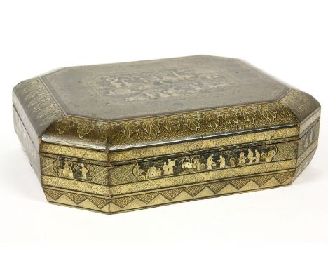 A late 19th century Chinese lacquer games box, of octagonal form, decorated to the top with figures in a landscape within a s