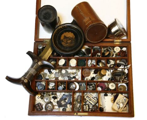 Sundries: box of buttons, an Eastern dagger, with wooden handle and curved blade, 5 papier mache trays, camping cup in leathe