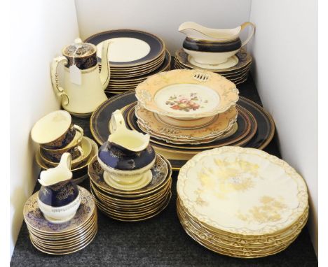 A Victorian pottery part dessert service, comprising a comport and three plates, seven Hammersley china dessert plates and a 