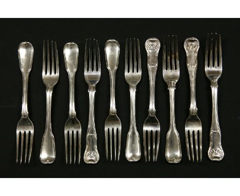 Four silver Kings pattern table forks, makers marks T.B London 1798, five silver fiddle and thread pattern table forks, Londo