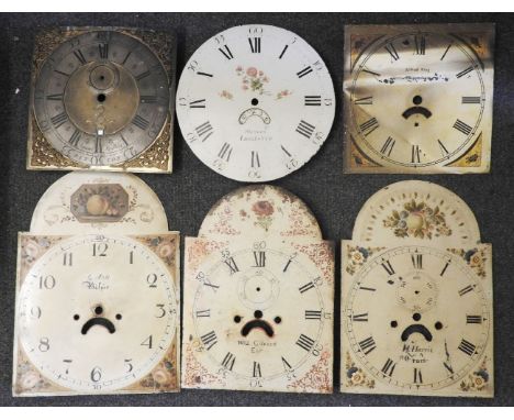 A box of six longcase clock dials, and a 30 hour movement