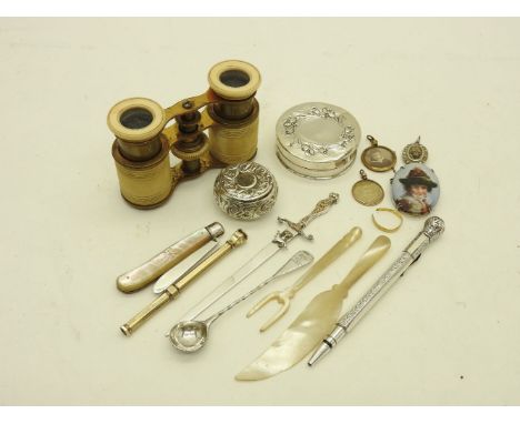 Sundry items, including: 2 silver boxes, binoculars, folding fruit knife, ceramic portrait brooch, small sword paper knife, e