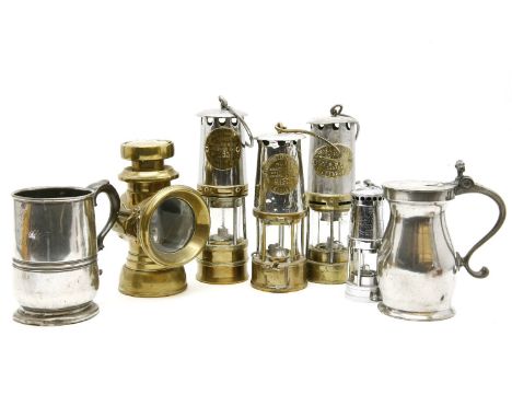 Metalwares: A brass Lucas 'Kings Own' car lamp, 4 miner's lamps and a pewter mug, inscribed  'Cork Cutters Arms' and a lidded