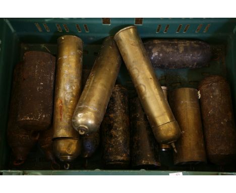 A box of longcase clock weights, including a set of three late brass weights