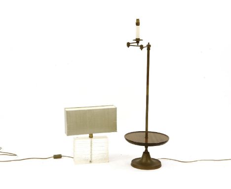 An Italian table lamp, with a rectangular frosted glass base and shade, 46cm high overall and a floor standing lamp