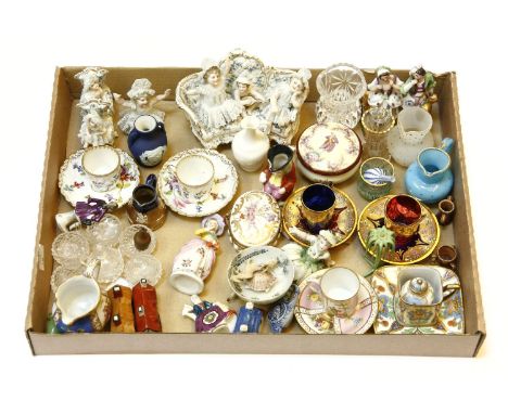 Small china and glass items, including: figures, jugs, cups and saucers, bowls, miniature glass items, etc