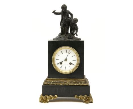A 19th century French marble and gilt metal mantel clock, with spelter figural mount, and striking drum movement, 37cm high
