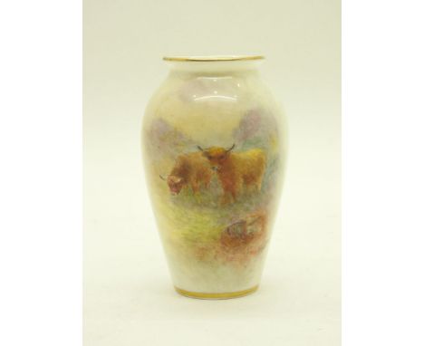 A Royal Worcester Porcelain vase, decorated with highland cattle in a mountainous landscape, signed A Hughes, 10.5cm high