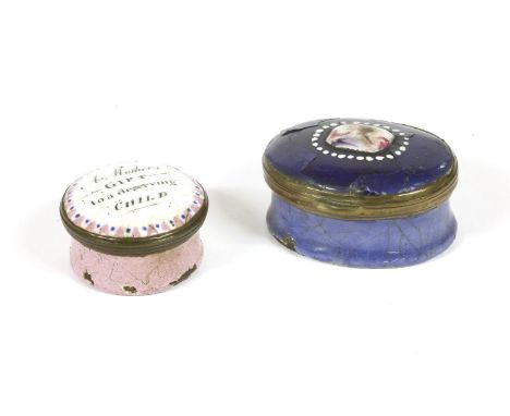 A late 18th century English enamel patch box, the lid decorated with the motto 'A Mother's gift to a deserving child', on a p