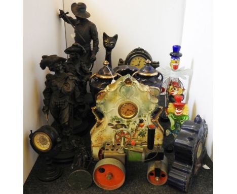Sundries: 3 spelter cavaliers, china clock set, Mamod steam engine, Murano clowns, etc