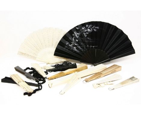 A collection of lace fans, including a bone stick example, with white silk embroidered with floral pattern, a white painted e