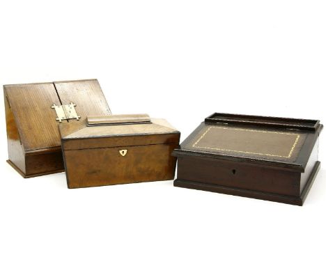 Two stationary boxes, 28 and 32cm, and a tea caddy, 30cm wide