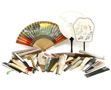 A collection of assorted paper fans, to include wooden stick examples, with painted scene (qty)