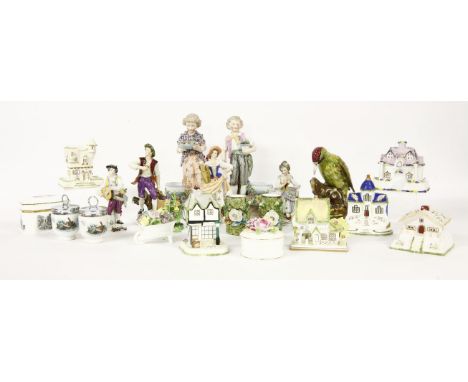 A quantity of ceramics, to include a Royal Doulton woodpecker, a Meissen mandolin player (a/f), Coalport pastille burners, a 