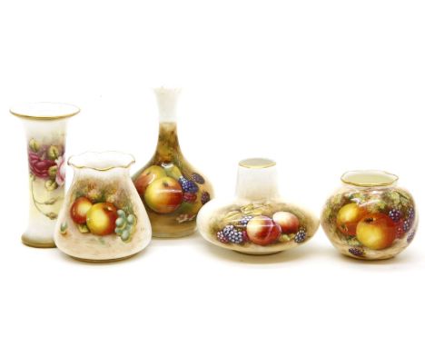 Four Royal Worcester porcelain vases, each hand decorated with fruits and signed Shuck, Smith, Freeman and another indistinct