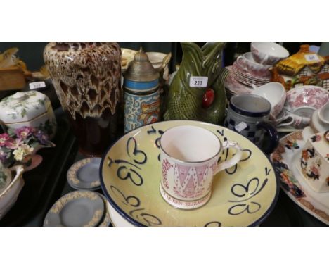 A Tray of Ceramics to Include Dartmouth Gluggle Fish Jug, German Lager Stein, Melba Vase, Coalport Tankard etc