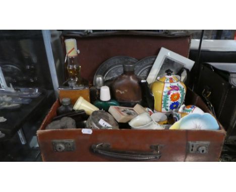 A Vintage Suitcase Containing Pewter Plaques, Hip Flasks, Japanese Coffee Service, Money Boxes, Advertising Playing Cards etc