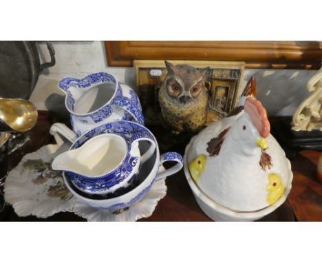 A Tray of Ceramics to include Copeland Spode Italian Jug, Willow Pattern Jug, Trefoil Dish, Egg Crock Etc
