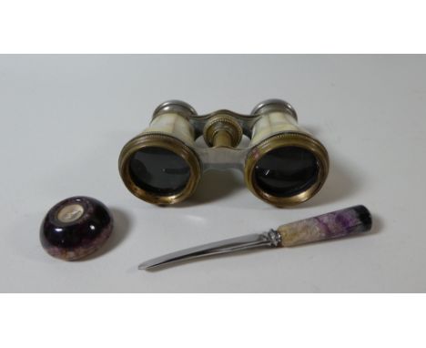 A Pair of Mother Pearl Mounted Opera Glasses, Miniature Blue John Handled Knife and a Blue John Compass 