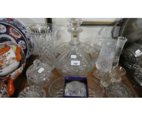 A Tray of Glassware to Include Heavy Cut Glass 19th Century Ships Decanter, Cut Glass Bowl, Various Vases, Paper Weight etc 