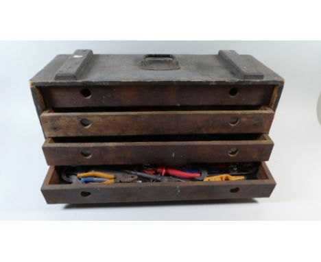 A Country Made Four Drawer Engineers Chest Containing Various Tools, Missing Front Board, 61cm Wide