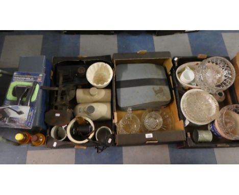 Three Boxes of Sundries to Include Kitchen Scales and Weights, Binoculars, Ceramic Bed Warmers, Vintage Typewriter, Glass Bow
