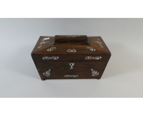 A 19th Century Sarcophagus Shaped Mother of Pearl Inlaid Rosewood Two Division Tea Caddy with Centre Glass Mixing Bowl (Repla